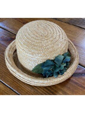 Rich Golden Straw Bowler Hat With Green Flowers Rolled Brim One Size Read